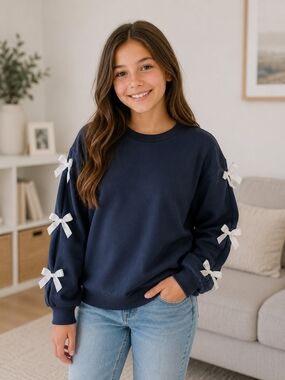 5/$35 Navy Blue Sweatshirt with Bow Sleeves – Size 10–12